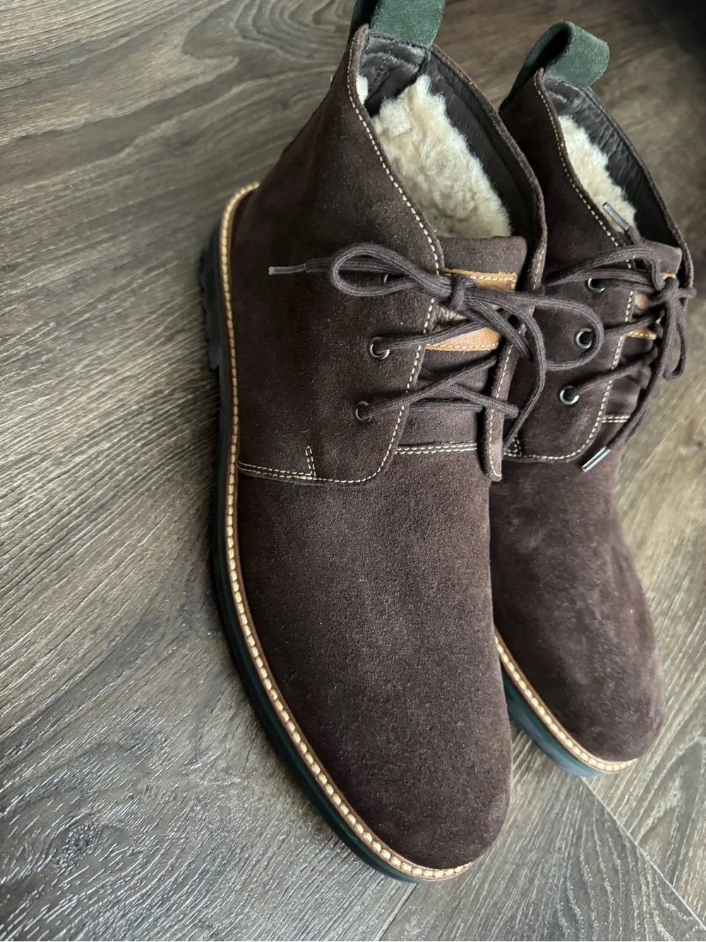 New! Martin Dingman Dark Brown Suede Chukka Boots with Shearling Collar